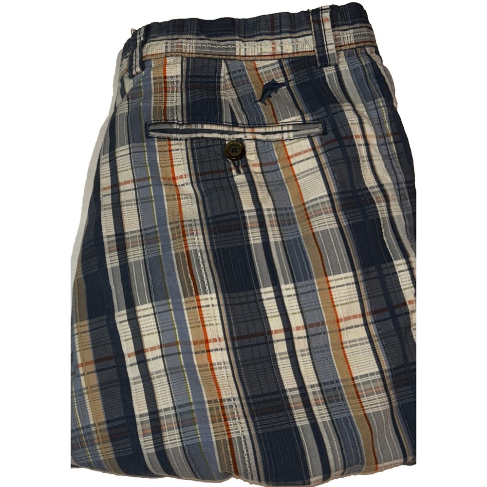 Tommy Bahama Silk Blend Bermuda Shorts Blue Gold Plaid Men's 33" Waist Embroider